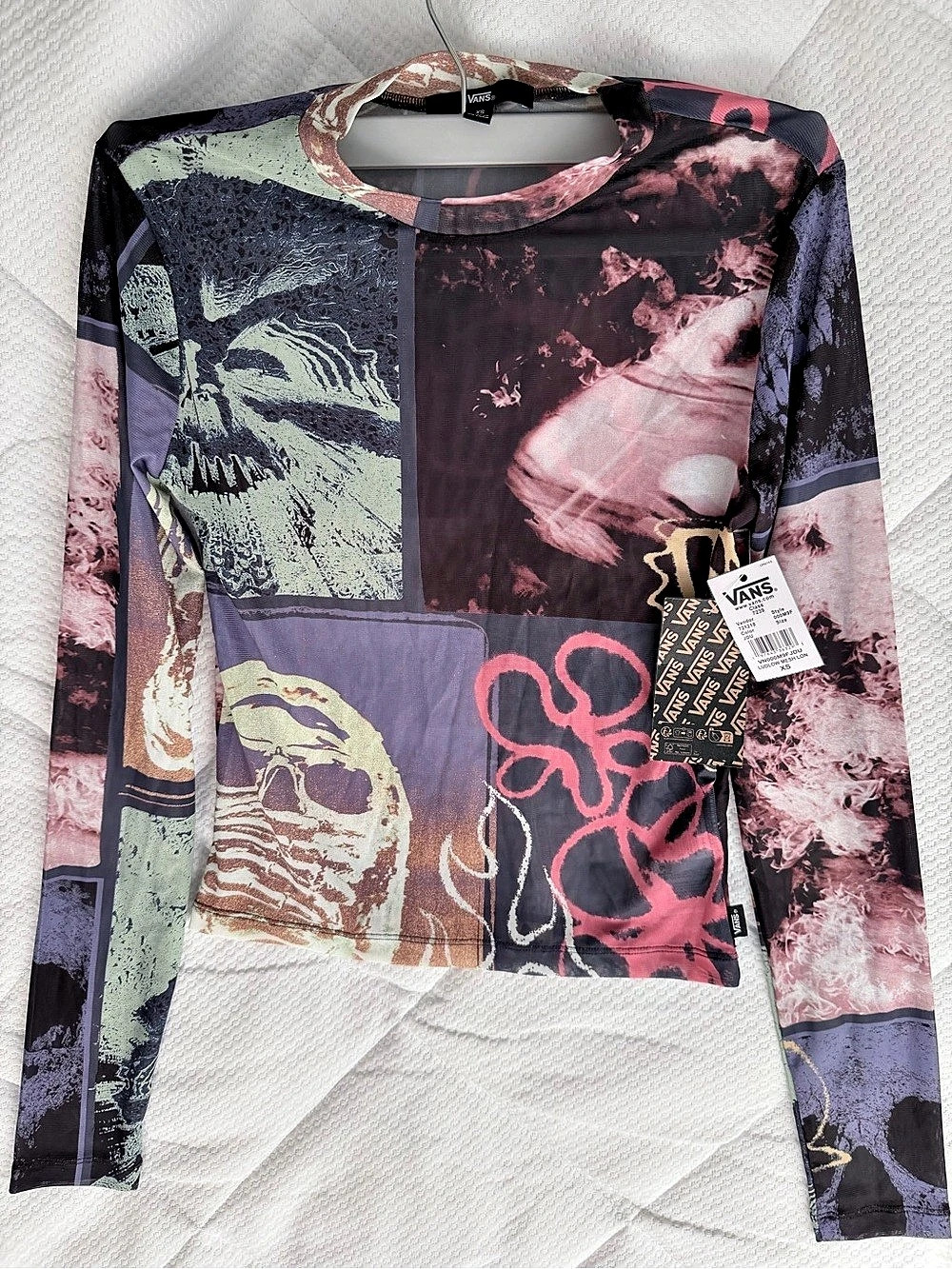 Vans Off The Wall Long Sleeve Mesh Top Punk Skull Grid Print Skull Grid Print